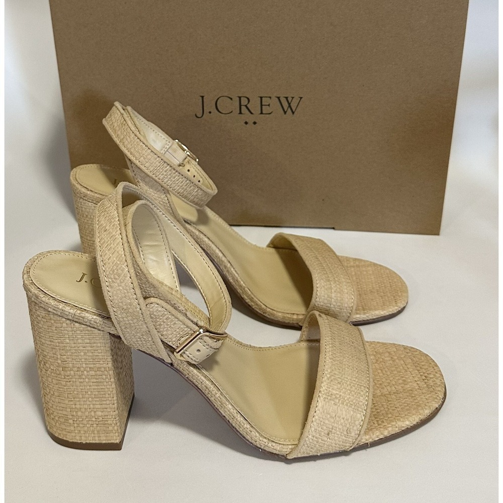 J.Crew Factory Sandals Women's Size US 9 Woven Raffia Block Heel Natural Color